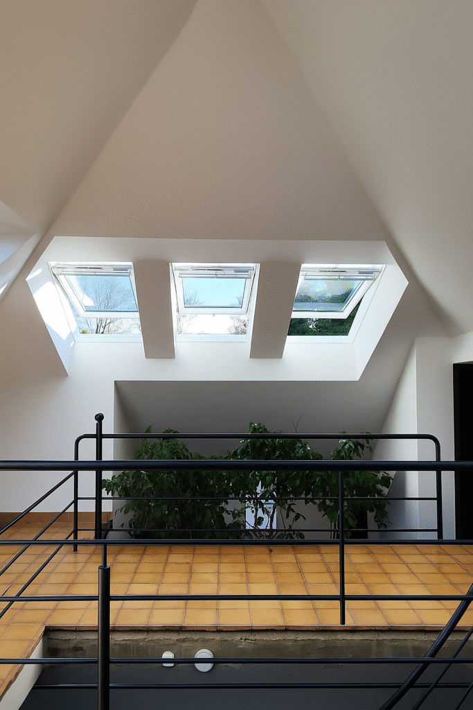 Espace mezzanine lumineux avec trois fenêtres de toit, carrelage et rambarde métallique noire